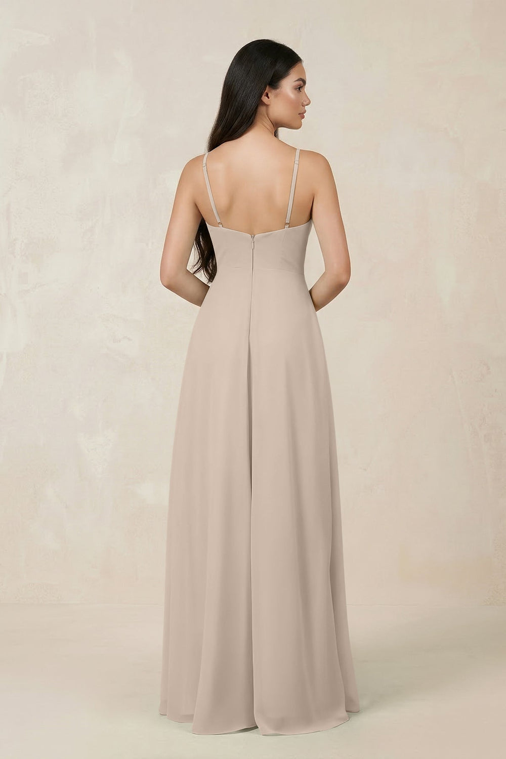 Halter Chiffon A - Line Bridesmaid Dress With Slit in Almond - SHE IS ME Bridesmaid Dresses