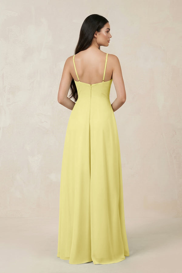 Halter Chiffon A - Line Bridesmaid Dress With Slit in Buttercup - SHE IS ME Bridesmaid Dresses