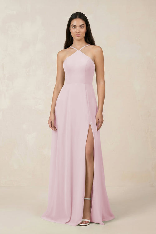 Halter Chiffon A - Line Bridesmaid Dress With Slit in Candy Pink - SHE IS ME Bridesmaid Dresses