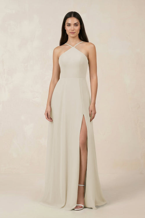 Halter Chiffon A - Line Bridesmaid Dress With Slit in Dove Gray - SHE IS ME Bridesmaid Dresses
