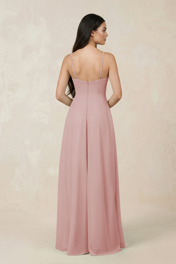 Halter Chiffon A - Line Bridesmaid Dress With Slit in Dusty Rose - SHE IS ME Bridesmaid Dresses