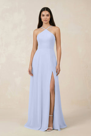Halter Chiffon A - Line Bridesmaid Dress With Slit in Ice - SHE IS ME Bridesmaid Dresses