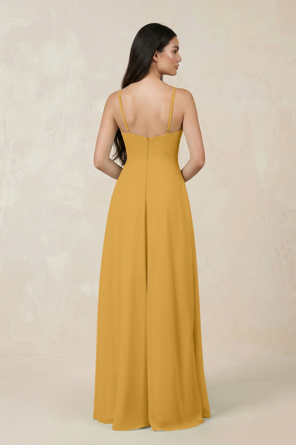 Halter Chiffon A - Line Bridesmaid Dress With Slit in Marigold - SHE IS ME Bridesmaid Dresses
