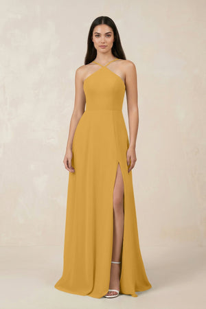 Halter Chiffon A - Line Bridesmaid Dress With Slit in Marigold - SHE IS ME Bridesmaid Dresses