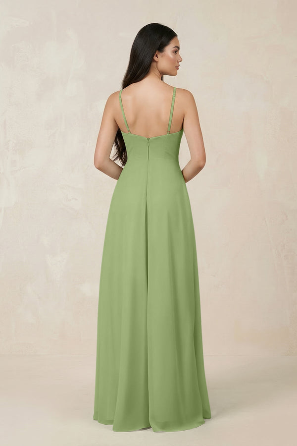 Halter Chiffon A - Line Bridesmaid Dress With Slit in Matcha - SHE IS ME Bridesmaid Dresses