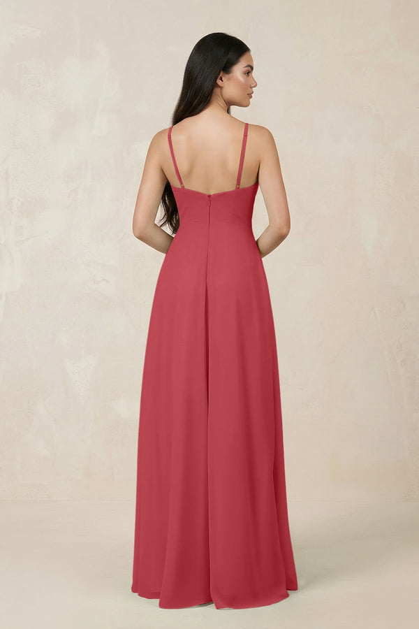 Halter Chiffon A - Line Bridesmaid Dress With Slit in Merlot - SHE IS ME Bridesmaid Dresses