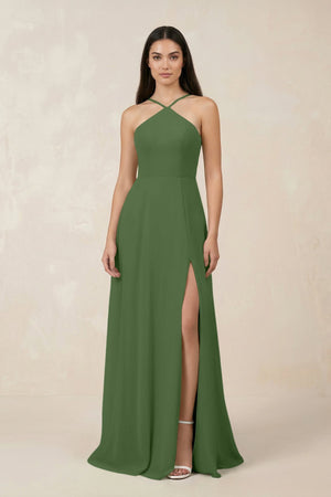 Halter Chiffon A - Line Bridesmaid Dress With Slit in Moss - SHE IS ME Bridesmaid Dresses