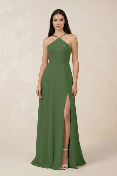 Halter Chiffon A - Line Bridesmaid Dress With Slit in Moss - SHE IS ME Bridesmaid Dresses