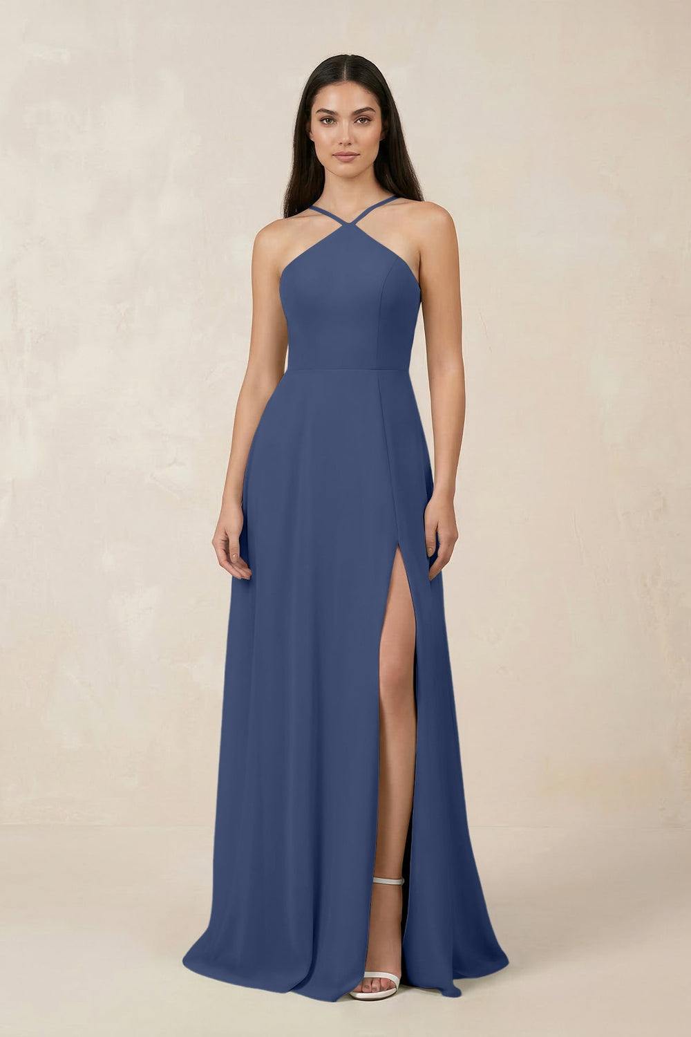 Halter Chiffon A - Line Bridesmaid Dress With Slit in Navy - SHE IS ME Bridesmaid Dresses