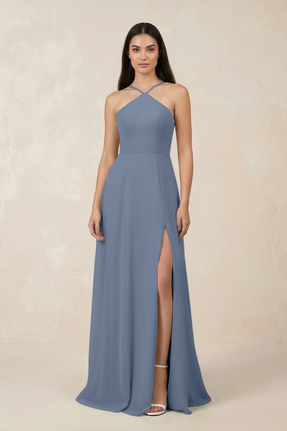 Halter Chiffon A - Line Bridesmaid Dress With Slit in Neptune - SHE IS ME Bridesmaid Dresses