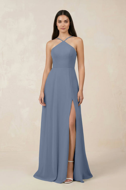 Halter Chiffon A - Line Bridesmaid Dress With Slit in Neptune - SHE IS ME Bridesmaid Dresses