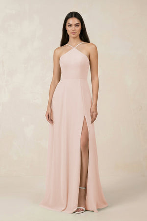 Halter Chiffon A - Line Bridesmaid Dress With Slit in Pale Blush - SHE IS ME Bridesmaid Dresses