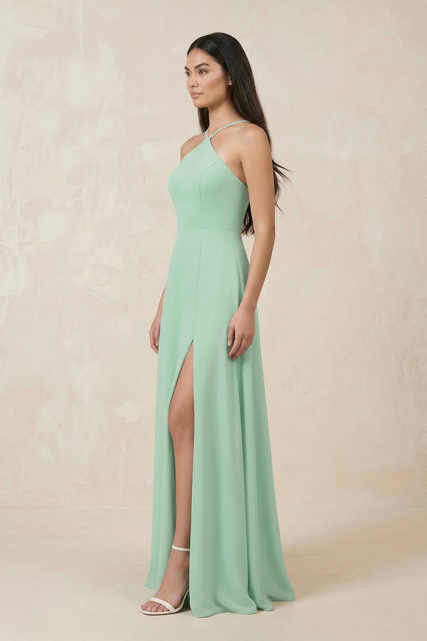 Halter Chiffon A-Line Bridesmaid Dress With Slit in Pale Pistachio - SHE IS ME BRIDESMAID DRESSES