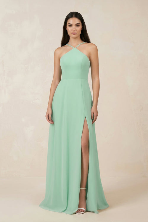 Halter Chiffon A-Line Bridesmaid Dress With Slit in Pale Pistachio - SHE IS ME BRIDESMAID DRESSES