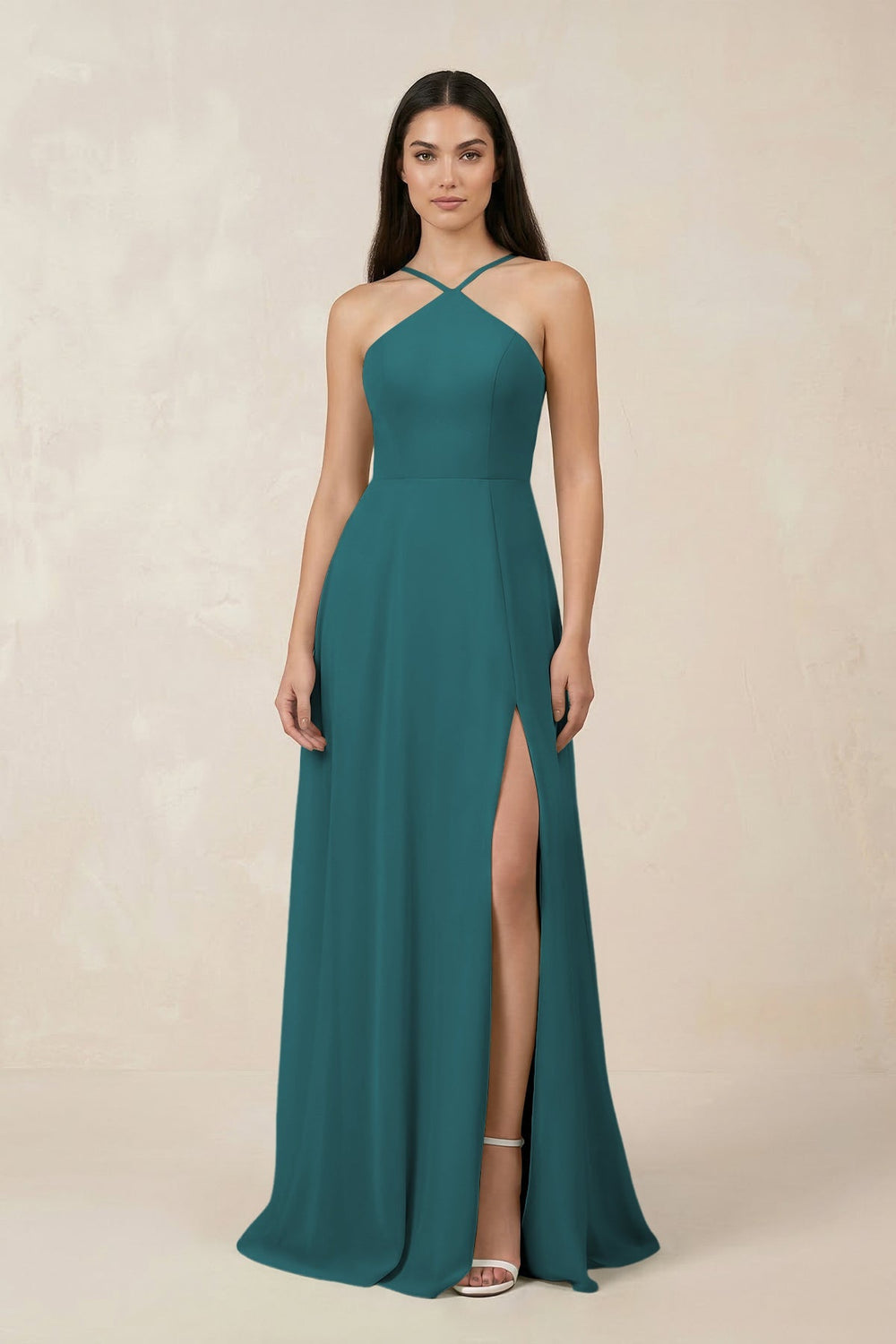Halter Chiffon A - Line Bridesmaid Dress With Slit in Pine - SHE IS ME Bridesmaid Dresses