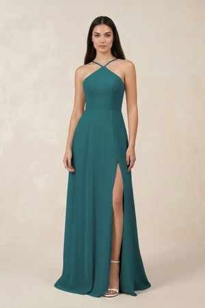 Halter Chiffon A - Line Bridesmaid Dress With Slit in Pine - SHE IS ME Bridesmaid Dresses