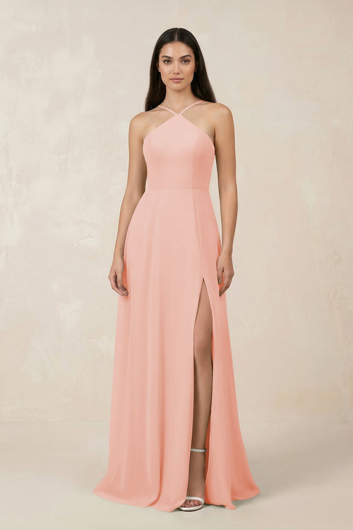 Halter Chiffon A - Line Bridesmaid Dress With Slit in Rose Petal - SHE IS ME Bridesmaid Dresses