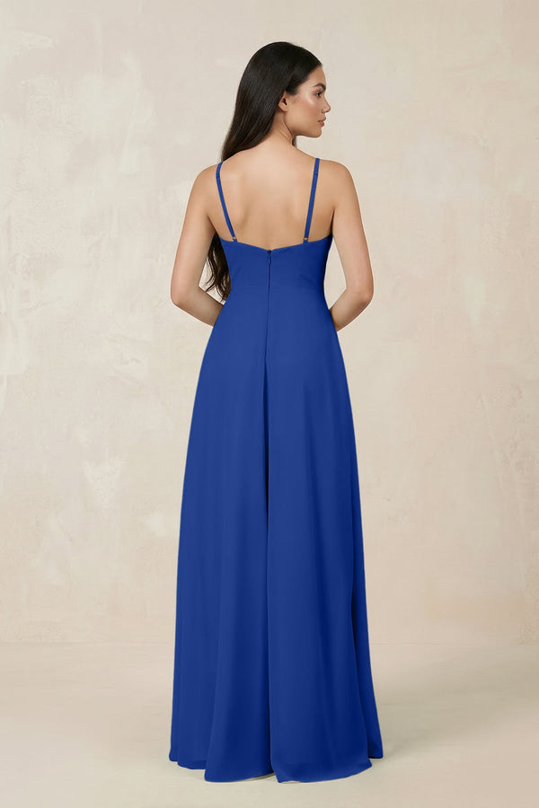 Halter Chiffon A - Line Bridesmaid Dress With Slit in Royal Blue - SHE IS ME Bridesmaid Dresses