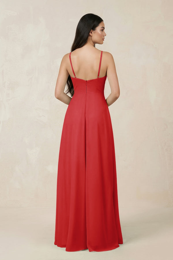 Halter Chiffon A - Line Bridesmaid Dress With Slit in Ruby Red - SHE IS ME Bridesmaid Dresses