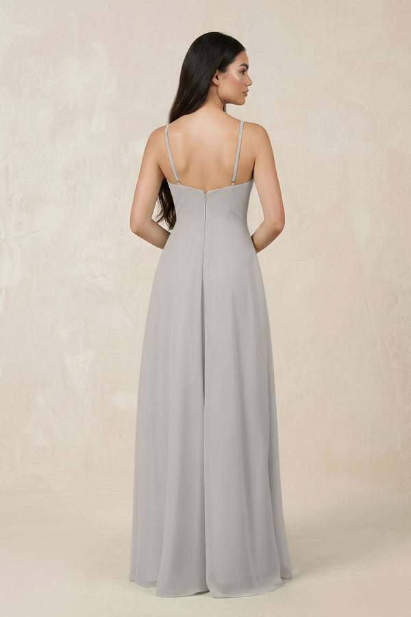 Halter Chiffon A - Line Bridesmaid Dress With Slit in Silver - SHE IS ME Bridesmaid Dresses