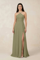 Halter Chiffon A - Line Bridesmaid Dress With Slit in Thyme - SHE IS ME Bridesmaid Dresses
