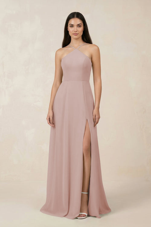 Halter Chiffon A - Line Bridesmaid Dress With Slit in Toffee - SHE IS ME Bridesmaid Dresses