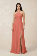 Halter Chiffon A - Line Bridesmaid Dress With Slit in Wild Rose - SHE IS ME Bridesmaid Dresses