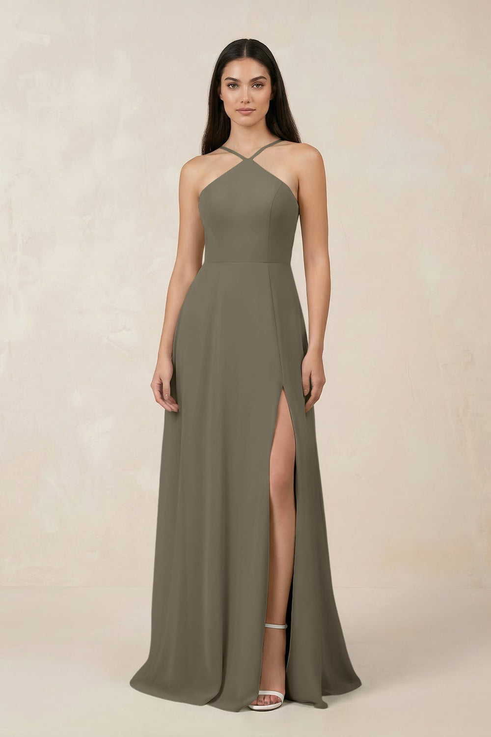Halter Chiffon A - Line Bridesmaid Dress With Slit in Willow Green - SHE IS ME Bridesmaid Dresses