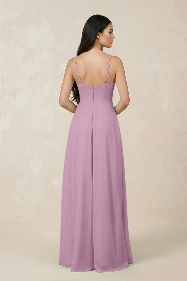 Halter Chiffon A - Line Bridesmaid Dress With Slit in Wisteria - SHE IS ME Bridesmaid Dresses