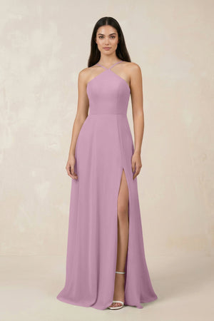 Halter Chiffon A - Line Bridesmaid Dress With Slit in Wisteria - SHE IS ME Bridesmaid Dresses