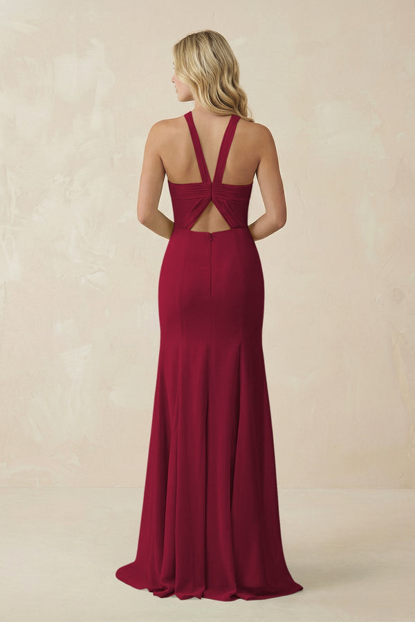 Halter Chiffon Mermaid Ruched Bridesmaid Dress in Berry - SHE IS ME Bridesmaid Dresses