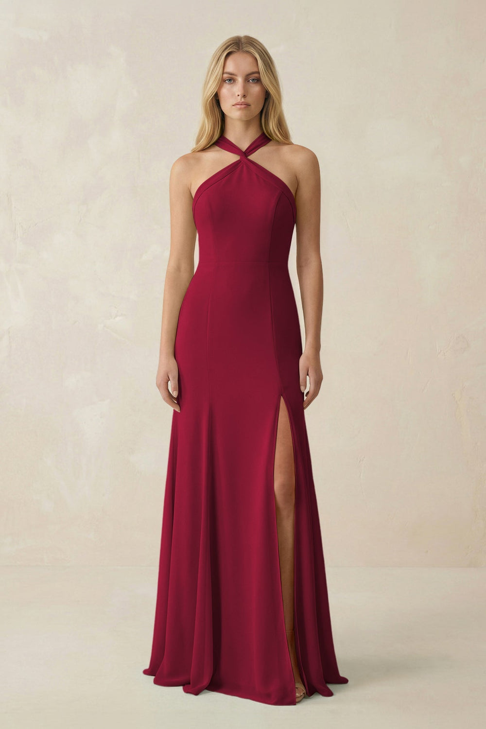 Halter Chiffon Mermaid Ruched Bridesmaid Dress in Berry - SHE IS ME Bridesmaid Dresses