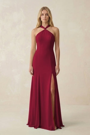 Halter Chiffon Mermaid Ruched Bridesmaid Dress in Berry - SHE IS ME Bridesmaid Dresses