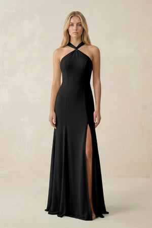 Halter Chiffon Mermaid Ruched Bridesmaid Dress in Black - SHE IS ME Bridesmaid Dresses