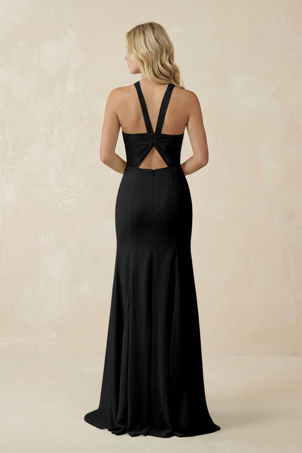 Halter Chiffon Mermaid Ruched Bridesmaid Dress in Black - SHE IS ME Bridesmaid Dresses