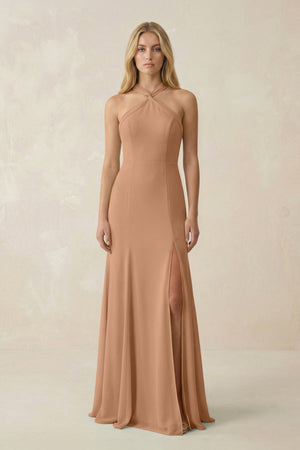 Halter Chiffon Mermaid Ruched Bridesmaid Dress in Bronzer - SHE IS ME Bridesmaid Dresses