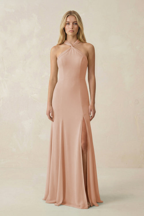 Halter Chiffon Mermaid Ruched Bridesmaid Dress in Champagne Rose - SHE IS ME Bridesmaid Dresses