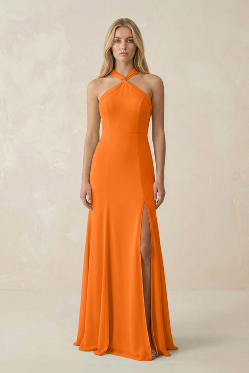 Halter Chiffon Mermaid Ruched Bridesmaid Dress in Cinnamon - SHE IS ME Bridesmaid Dresses