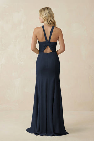 Halter Chiffon Mermaid Ruched Bridesmaid Dress in Dark Navy - SHE IS ME Bridesmaid Dresses
