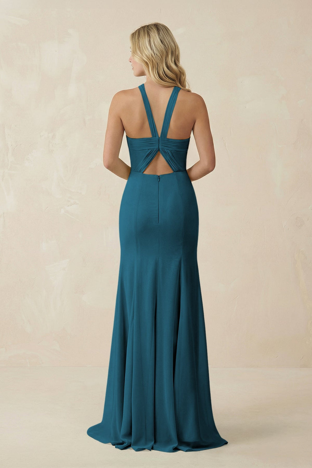 Halter Chiffon Mermaid Ruched Bridesmaid Dress in Dark Teal - SHE IS ME Bridesmaid Dresses