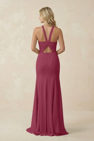 Halter Chiffon Mermaid Ruched Bridesmaid Dress in Desert Rose - SHE IS ME Bridesmaid Dresses