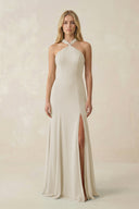Halter Chiffon Mermaid Ruched Bridesmaid Dress in Dove Gray - SHE IS ME Bridesmaid Dresses