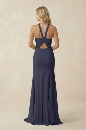 Halter Chiffon Mermaid Ruched Bridesmaid Dress in Dusk Blue - SHE IS ME Bridesmaid Dresses