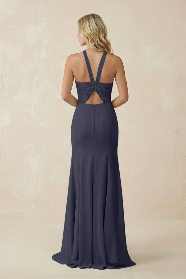 Halter Chiffon Mermaid Ruched Bridesmaid Dress in Dusk Blue - SHE IS ME Bridesmaid Dresses