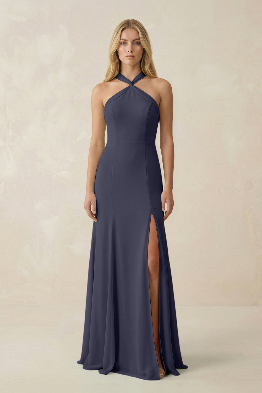 Halter Chiffon Mermaid Ruched Bridesmaid Dress in Dusk Blue - SHE IS ME Bridesmaid Dresses