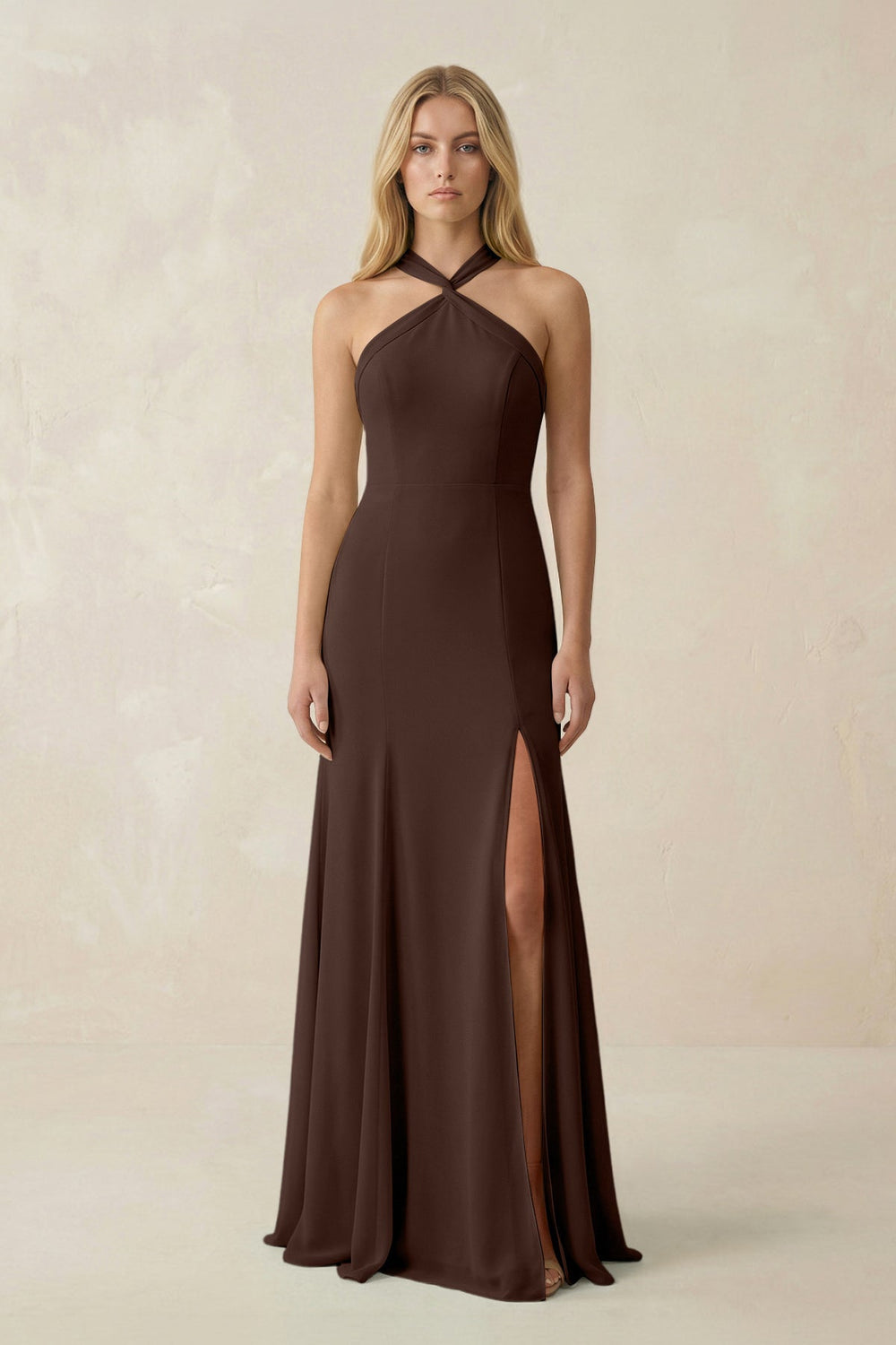 Halter Chiffon Mermaid Ruched Bridesmaid Dress in Espresso - SHE IS ME Bridesmaid Dresses
