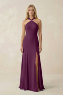 Halter Chiffon Mermaid Ruched Bridesmaid Dress in Fig - SHE IS ME Bridesmaid Dresses
