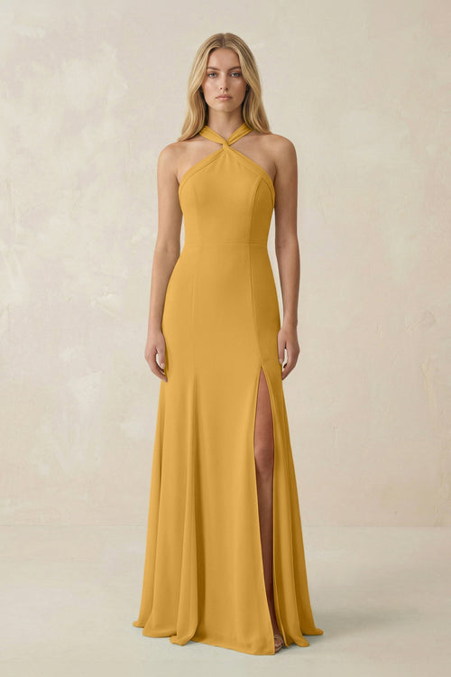Halter Chiffon Mermaid Ruched Bridesmaid Dress in Marigold - SHE IS ME Bridesmaid Dresses