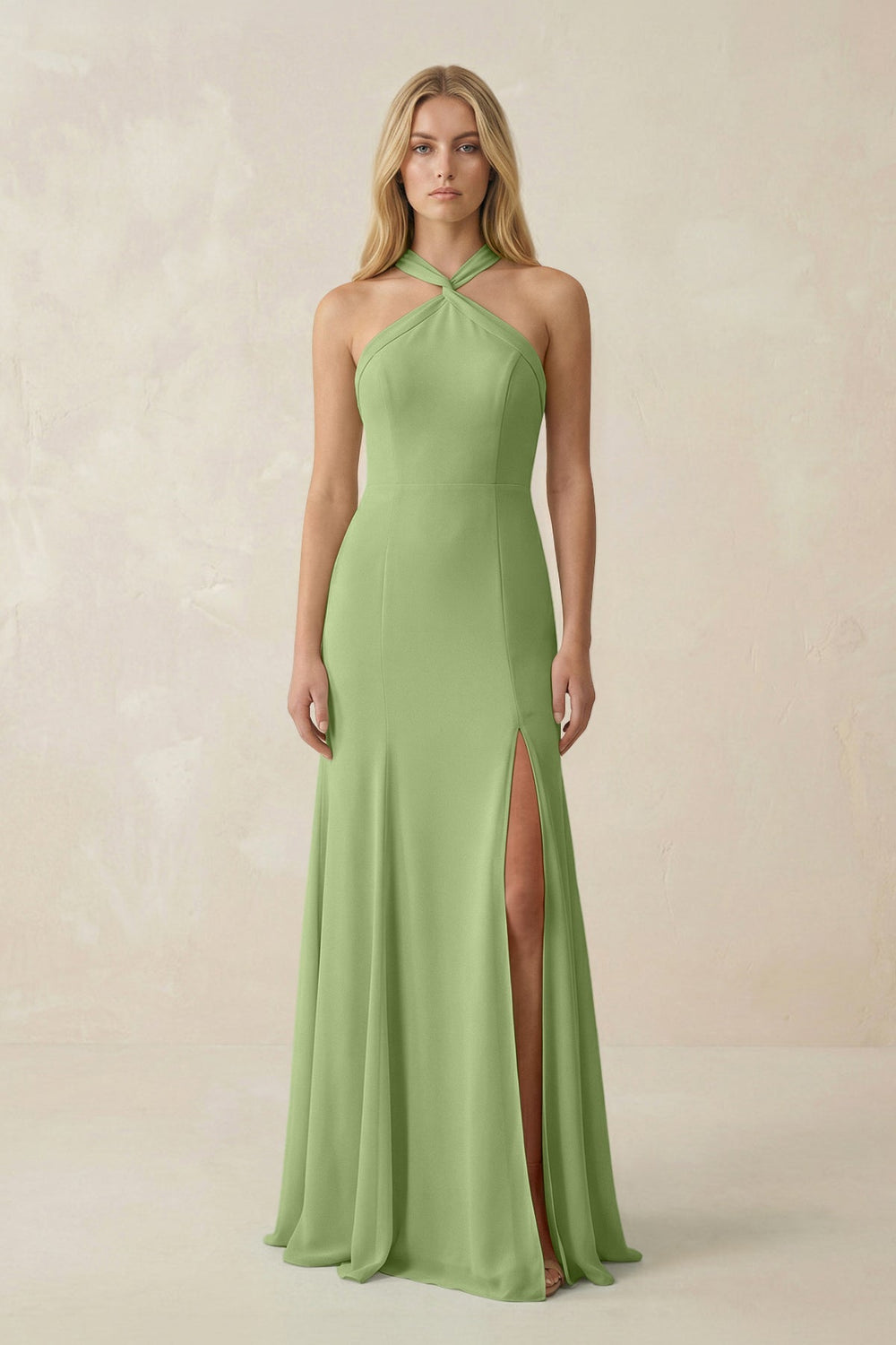 Halter Chiffon Mermaid Ruched Bridesmaid Dress in Matcha - SHE IS ME Bridesmaid Dresses
