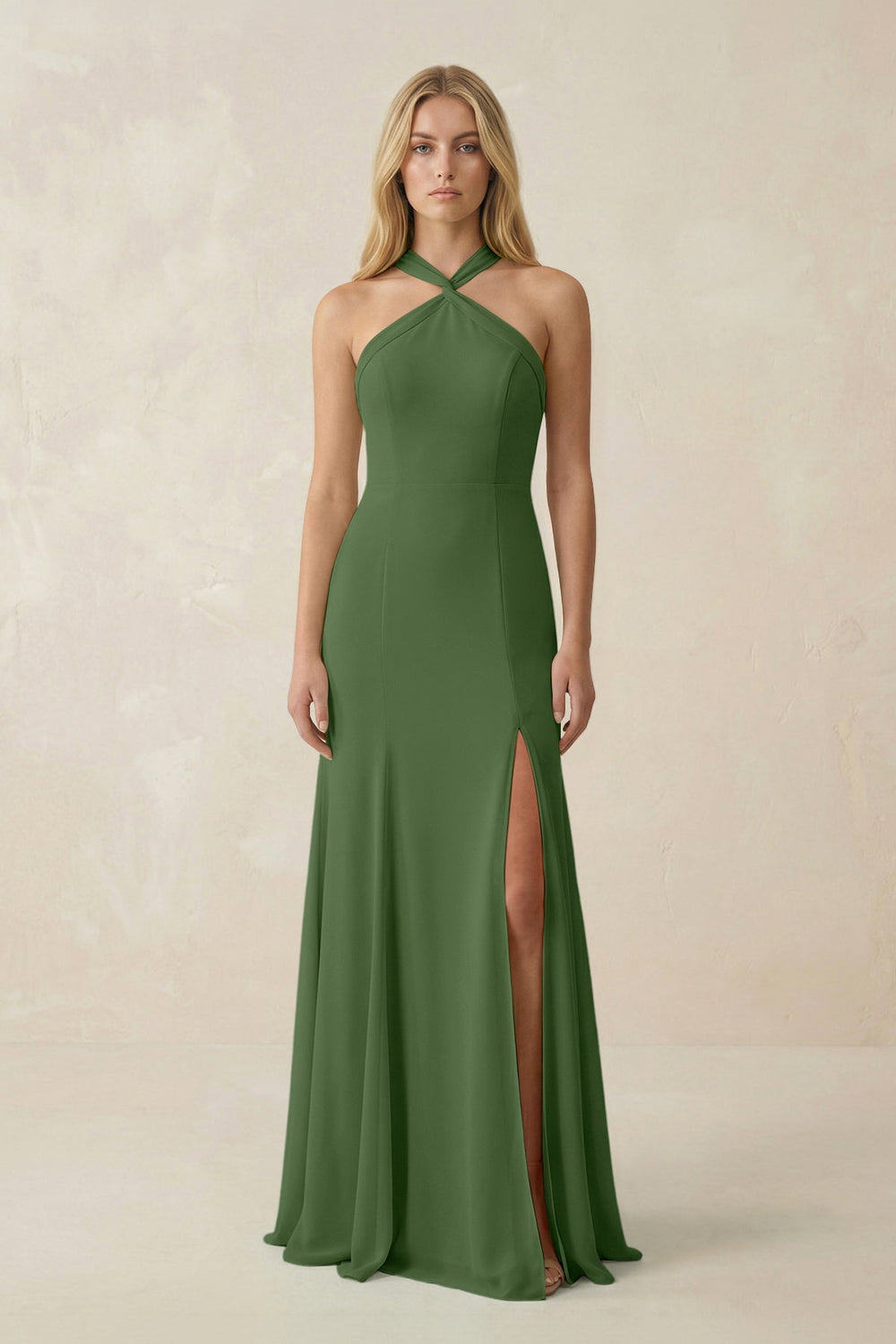 Halter Chiffon Mermaid Ruched Bridesmaid Dress in Moss - SHE IS ME Bridesmaid Dresses